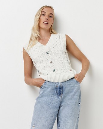 River Island Cream embroidered cable knit vest | womens V-neck sweater vests | floral knitted tank tops | women’s fashionable knitwear - flipped