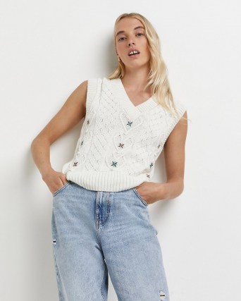 River Island Cream embroidered cable knit vest | womens V-neck sweater vests | floral knitted tank tops | women’s fashionable knitwear