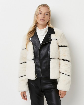 River Island Cream faux fur biker jacket – womens textured winter jackets - flipped