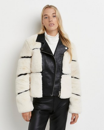 River Island Cream faux fur biker jacket – womens textured winter jackets