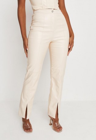 MISSGUIDED cream faux leather split front straight leg trousers – luxe style slit hem pants - flipped