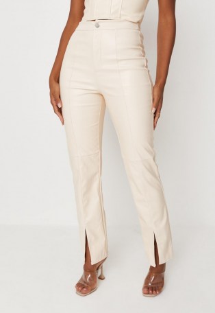 MISSGUIDED cream faux leather split front straight leg trousers – luxe style slit hem pants