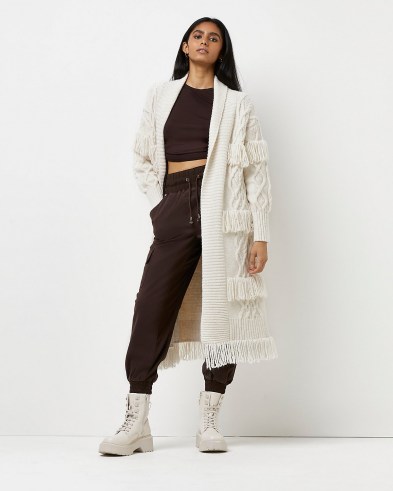 River Island Cream fringe detail cable knit cardigan | longline open front fringed cardigans | Western boho inspired knitwear - flipped