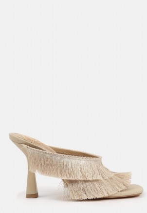 MISSGUIDED cream fringe double strap heeled mule sandals – fringed mules – glamorous going out heels - flipped