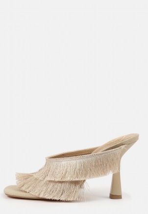 MISSGUIDED cream fringe double strap heeled mule sandals – fringed mules – glamorous going out heels
