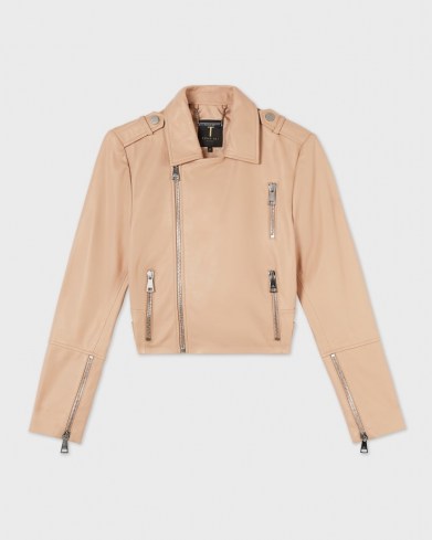 TED BAKER SSALLI Cropped leather biker jacket Camel ~ womens luxe light-brown zip detail jackets - flipped