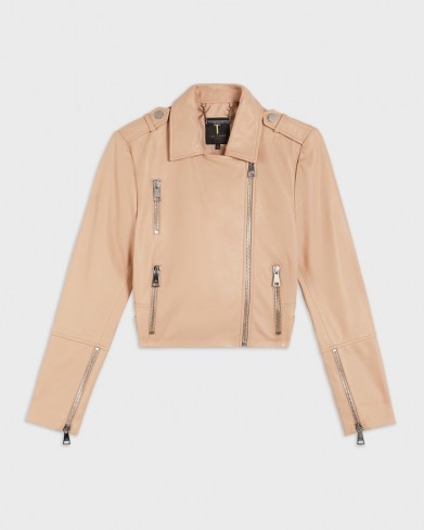 TED BAKER SSALLI Cropped leather biker jacket Camel ~ womens luxe light-brown zip detail jackets