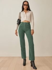 Reformation Cynthia Button Fly High Rise Straight Corduroy Pants in Moss – womens on-trend green cord trousers