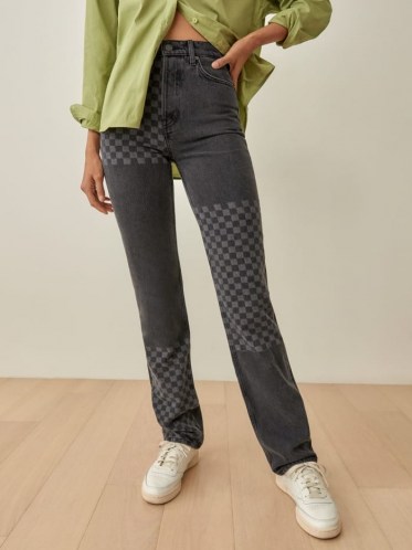 REFORMATION Cynthia Shadow Checked High Rise Straight Long Jeans in Seine Checkerboard / women’s check print denim fashion