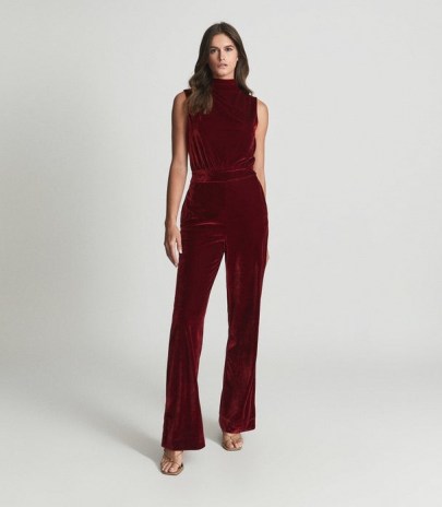 Reiss DIANE SLEEVELESS VELVET JUMPSUIT RED – glamorous cut out back jumpsuits – luxe style evening fashion