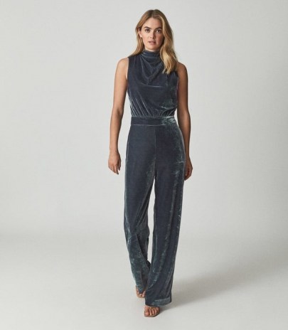 REISS DIANE VELVET JUMPSUIT SILVER – sleeveless high neck luxe style jumpsuits – glamorous evening fashion – womens glam all-in-one partywear - flipped