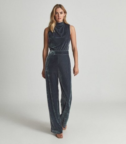 REISS DIANE VELVET JUMPSUIT SILVER – sleeveless high neck luxe style jumpsuits – glamorous evening fashion – womens glam all-in-one partywear