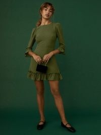 REFORMATION Doutzen Dress in Peat / green spot print ruffle hem mini skirts / polka dot prints / feminine fashion
