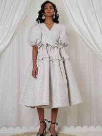sister jane DREAM Betsy Jacquard Midi Wrap Dress in Cool Grey | puff sleeve dresses with volume | romantic voluminous fashion |