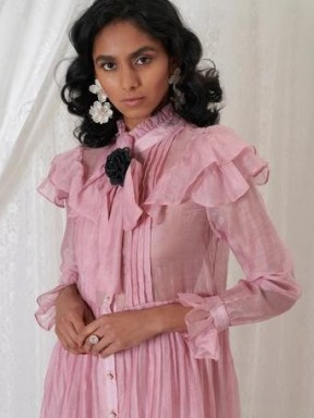 sister jane DREAM GRANDMA’S HOUSE Beatrice Organza Midi Dress Primrose Pink / high neck ruffle trim dresses / romantic style fashion / luxe vintage style clothing
