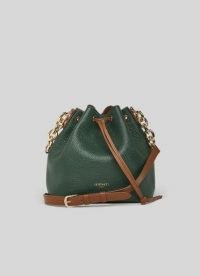 L.K. BENNETT ELIZA GREEN LEATHER BUCKET BAG ~ drawstring crossbody bags ~ chain detail handbags