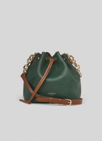 L.K. BENNETT ELIZA GREEN LEATHER BUCKET BAG ~ drawstring crossbody bags ~ chain detail handbags - flipped