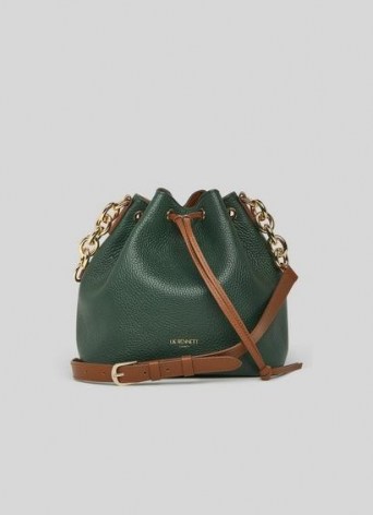 L.K. BENNETT ELIZA GREEN LEATHER BUCKET BAG ~ drawstring crossbody bags ~ chain detail handbags
