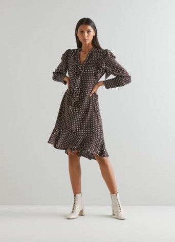 L.K. BENNETT ELIZABETH BROWN AND CREAM POLKA DOT SILK DRESS ~ ruffle trim spot print dresses ~ feminine fashion ~ tiered hem - flipped