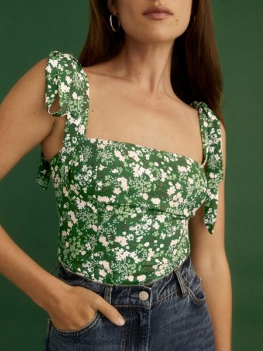 REFORMATION Ellora Top in Autumnal / green tie shoulder strap square neck tops - flipped