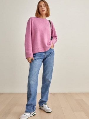 Reformation Enda Easy Crew in Peony | pink relaxed fit soft feel jumpers | womens slouchy drop shoulder crew neck sweaters | women’s luxe style knitwear - flipped