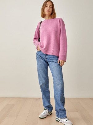 Reformation Enda Easy Crew in Peony | pink relaxed fit soft feel jumpers | womens slouchy drop shoulder crew neck sweaters | women’s luxe style knitwear