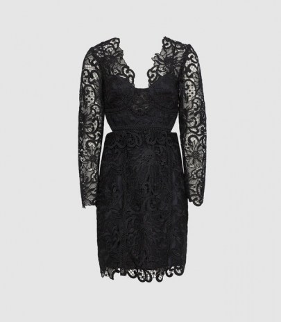 REISS ERICA LACE BODYCON DRESS BLACK ~ semi sheer LBD ~ side cut out cocktail dresses ~ chic occasion clothing ~ feminine occasionwear - flipped
