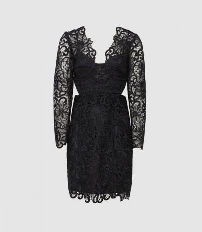 REISS ERICA LACE BODYCON DRESS BLACK ~ semi sheer LBD ~ side cut out cocktail dresses ~ chic occasion clothing ~ feminine occasionwear