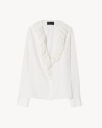 NILI LOTAN EVERETT SHIRT WHITE – romantic ruffled 80s inspired blouses – women’s ruffle V neck shirts – 1980s style tops