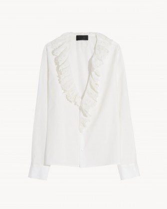 NILI LOTAN EVERETT SHIRT WHITE – romantic ruffled 80s inspired blouses – women’s ruffle V neck shirts – 1980s style tops - flipped