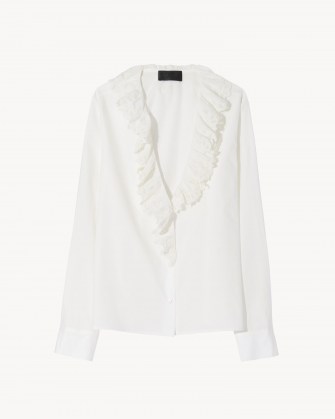 NILI LOTAN EVERETT SHIRT WHITE – romantic ruffled 80s inspired blouses – women’s ruffle V neck shirts – 1980s style tops