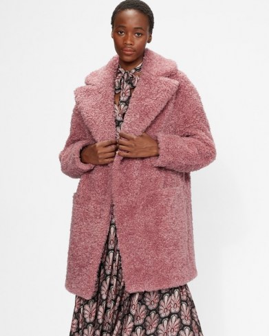TED BAKER KAYYTI Faux fur cocoon coat in Pink / womens textured winter coats