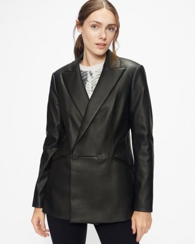 TED BAKER LIIVI Faux-leather blazer jacket Black ~ womens on trend double breasted blazers ~ fashionable jackets - flipped