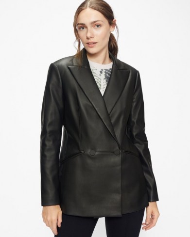 TED BAKER LIIVI Faux-leather blazer jacket Black ~ womens on trend double breasted blazers ~ fashionable jackets