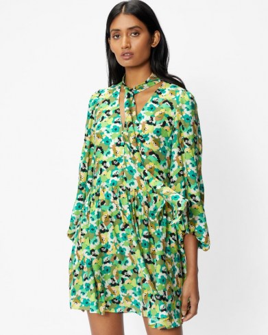TED BAKER ILVA Full Skirted Mini Dress in Bright Green / feminine floral print dresses - flipped