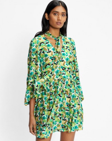 TED BAKER ILVA Full Skirted Mini Dress in Bright Green / feminine floral print dresses