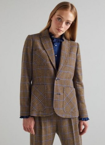 L.K. BENNETT GABRIEL BROWN AND BLUE CHECK WOOL-BLEND BLAZER / womens Prince of Wales checked blazers / women’s single breasted jackets - flipped