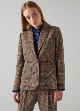L.K. BENNETT GABRIEL BROWN AND BLUE CHECK WOOL-BLEND BLAZER / womens Prince of Wales checked blazers / women’s single breasted jackets