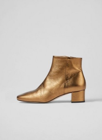 L.K. BENNETT GABRIELLE BRONZE LEATHER ANKLE BOOTS / womens shiny luxe autumn and winter footwear - flipped