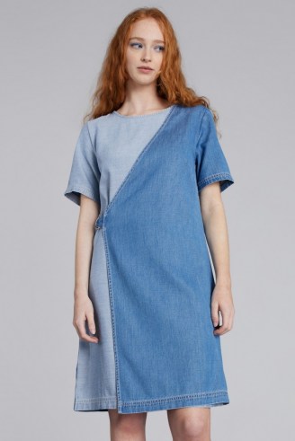 gorman GENIE WRAP DENIM DRESS | short sleeve asymmetric front dresses | tonal blue dresses - flipped