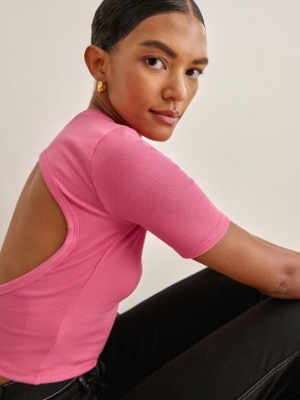 Reformation Gerard Top in Snapdragon – pink crew neck open back tops – cut out fashion - flipped