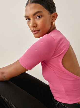 Reformation Gerard Top in Snapdragon – pink crew neck open back tops – cut out fashion