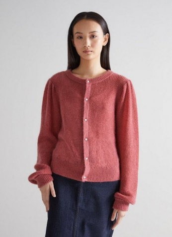 L.K. BENNETT GINA PINK WOOL MIX CARDIGAN ~ fluffy pearl button cardigans ~ womens luxe style knitwear - flipped