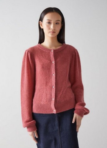 L.K. BENNETT GINA PINK WOOL MIX CARDIGAN ~ fluffy pearl button cardigans ~ womens luxe style knitwear