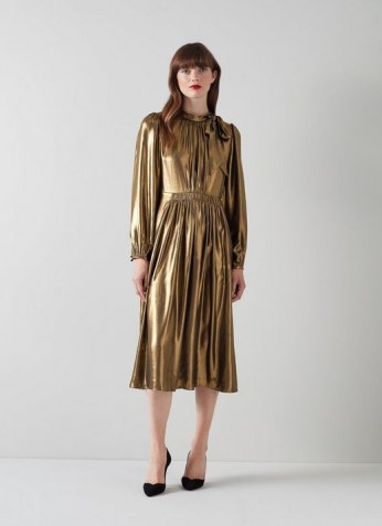 L.K. BENNETT GISH GOLD POLYESTER DRESS / glamorous party dresses / occasion glamour / womens shiny occasionwear