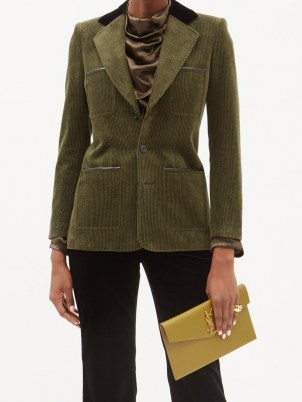 SAINT LAURENT Leather-trimmed green corduroy single-breasted jacket ~ womens chic cord jackets ~ women’s designer outerwear