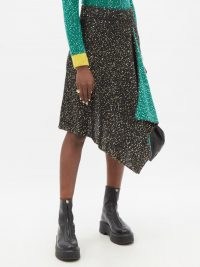 LOEWE Sequinned handkerchief-hem knitted skirt / asymmetric black and green sequin skirts