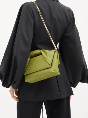 JW ANDERSON Twister green leather shoulder bag | contemporary front flap handbag | chic twisted top handle bags | chain strap handbags - flipped