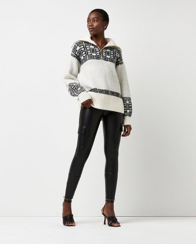 Grey fairisle half zip jumper |on-trend oversized collar jumpers | fashionable knitwear | side split hem sweaters - flipped