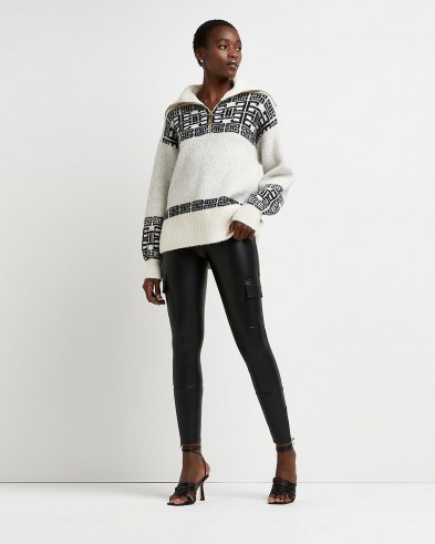 Grey fairisle half zip jumper |on-trend oversized collar jumpers | fashionable knitwear | side split hem sweaters